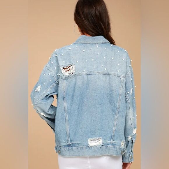 Free People Sunday Funday Blue Oversized Pearl Denim Jacket Distressed Slouchy - Picture 2 of 10
